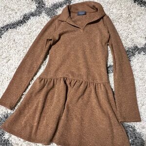 Brown Knit Collared Drop-Waist Dress